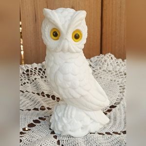 Italian Sandstone White Hoot Owl Figurine Yellow Eyes Vintage 70s